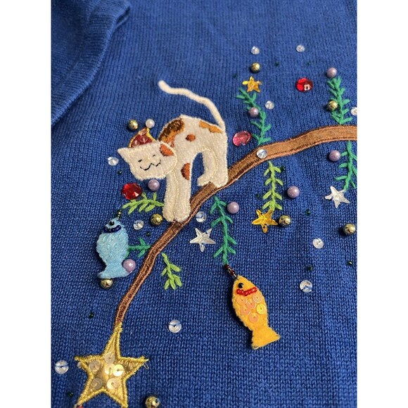 Quacker Factory Cats Playing On Christmas Tree Branch Embroidered Sweater Sz 2X - Picture 7 of 16